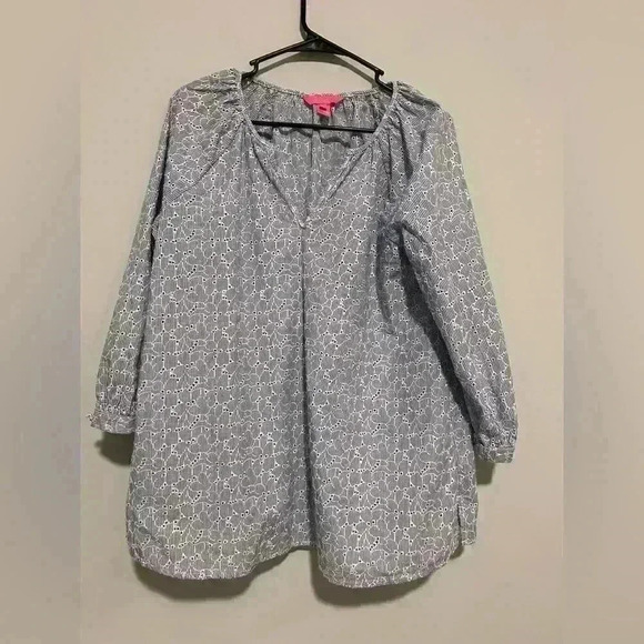 Lilly Pulitzer Willa Blue White Embroidered Eyelet Long Balloon Sleeve Top M - Picture 2 of 7